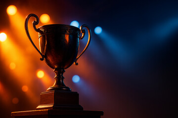 Ornate trophy cup illuminated on stage with dramatic lighting and colorful background
