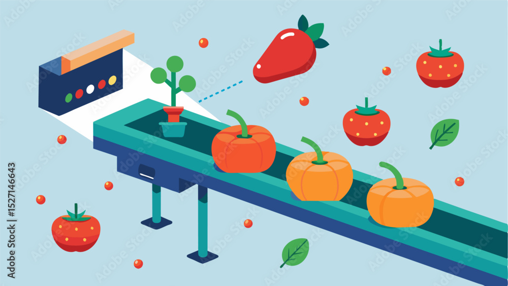 Fototapete as vegetables move along a conveyor belt laser sensors scan and sort them based on external and inte