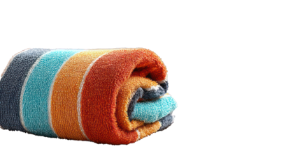 Summer beach towel isolated on transparent background, bright sunlight, vibrant striped colors and soft texture