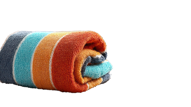 Summer beach towel isolated on transparent background, bright sunlight, vibrant striped colors and soft texture