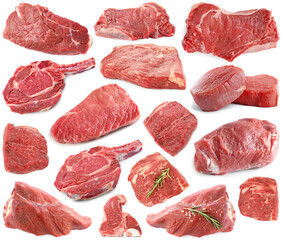 Pieces of raw beef meat isolated on white, collage