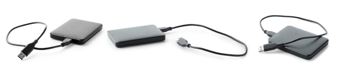 External hard drives with USB cables isolated on white, collage