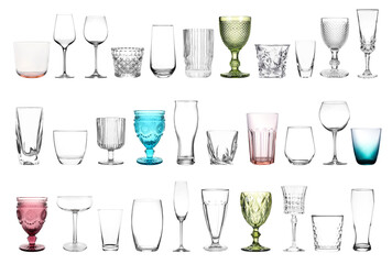 Different empty clean glasses on white background, collage