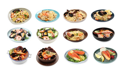 Tasty dishes with sea food isolated on white, set