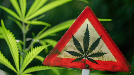 Close-up of red warning sign with cannabis leaf symbol, caution alert for marijuana and drug awareness, substance abuse prevention concept.