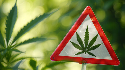Close-up of red warning sign with cannabis leaf symbol, caution alert for marijuana and drug awareness, substance abuse prevention concept.