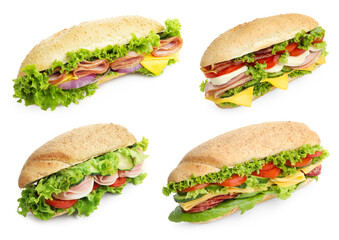 Delicious baguette sandwiches with different fillings isolated on white, collage