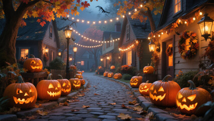 A Halloween street scene bathed in warm, festive lights. Halloween, Halloween Costumes, Halloween Background, Happy Halloween