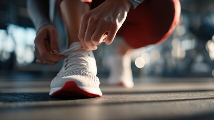Woman Tying Running Shoe Lace in Gym