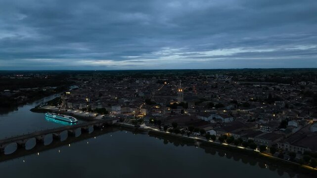 Night over Libourne from a drone, Gironde, Nouvelle-Aquitaine, Saint-&Eacute;milion and Pomerol, Southwestern France, Europe