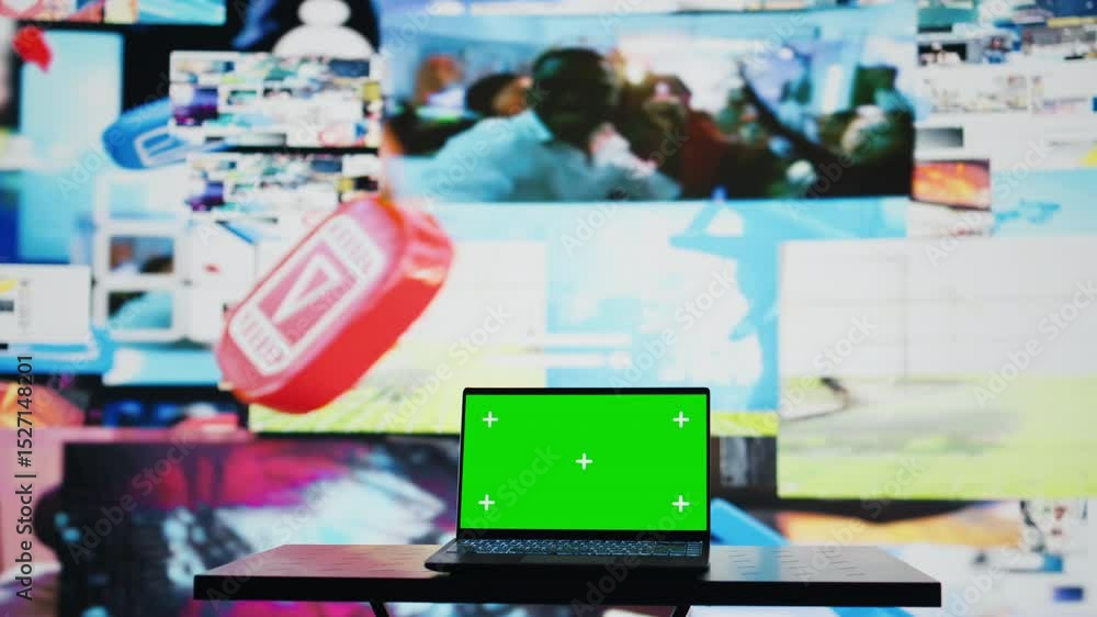 Poster pc screen shows copy space next to social media user interface platforms, visual representation of g