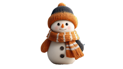 Winter snowman isolated on transparent background, cool daylight, smooth snow texture with carrot nose