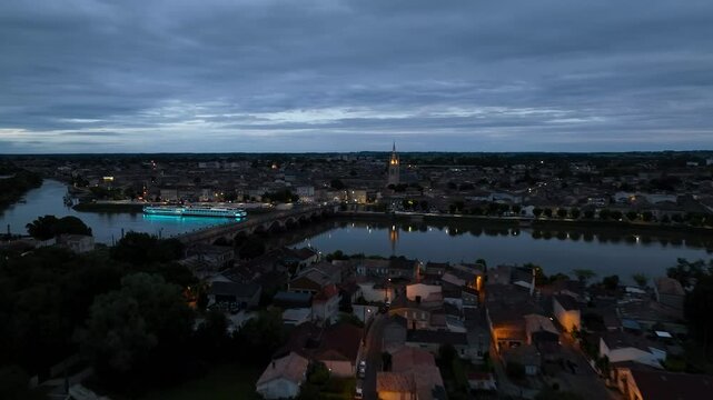 Night over Libourne from a drone, Gironde, Nouvelle-Aquitaine, Saint-&Eacute;milion and Pomerol, Southwestern France, Europe