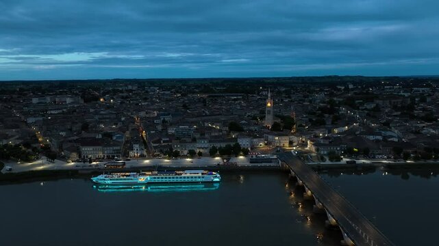 Night over Libourne from a drone, Gironde, Nouvelle-Aquitaine, Saint-&Eacute;milion and Pomerol, Southwestern France, Europe