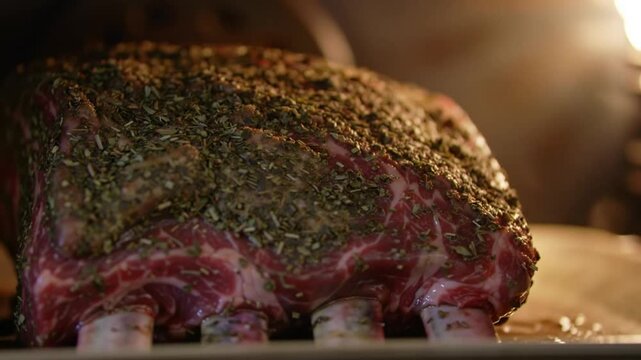 Prime rib being crusted with herb mixture, slow push into oven