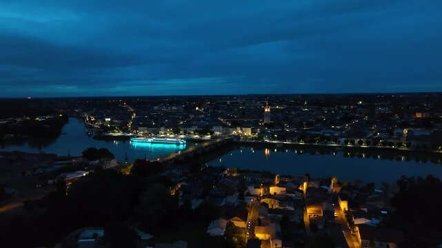 Night over Libourne from a drone, Gironde, Nouvelle-Aquitaine, Saint-&Eacute;milion and Pomerol, Southwestern France, Europe