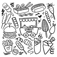 Set of Delicious Street Food Doodle Vector Illustration 