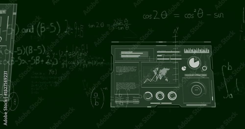 Poster upon panel sliding in from right, translucent dashboards clustering on chalkboard visualizing data