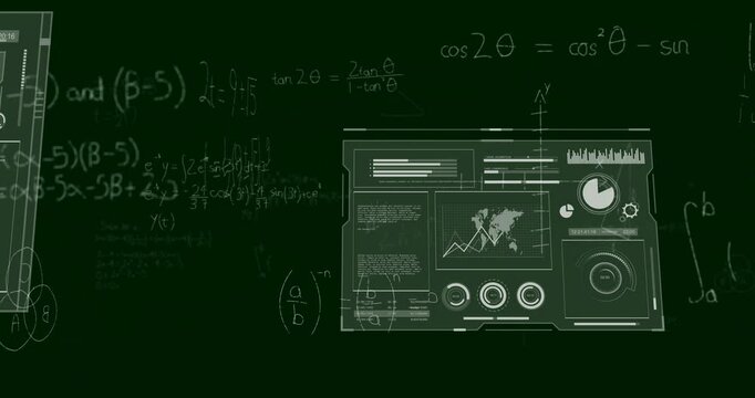 Upon panel sliding in from right, translucent dashboards clustering on chalkboard visualizing data