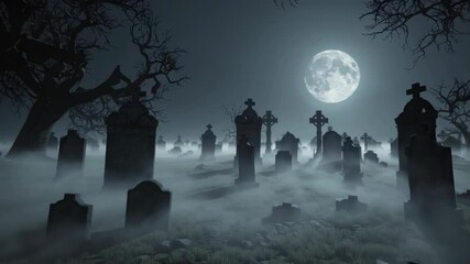 spooky background of a haunted graveyard at night, with old tombstones, fog, and a full moon - Powered by Adobe