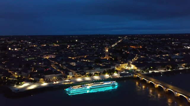 Night over Libourne from a drone, Gironde, Nouvelle-Aquitaine, Saint-&Eacute;milion and Pomerol, Southwestern France, Europe