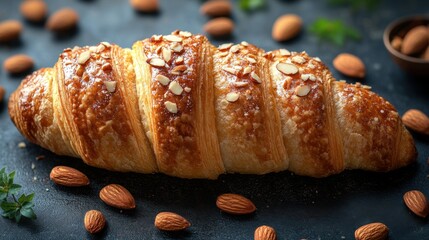 Almond Croissant with Scattered Almonds on Dark Surface