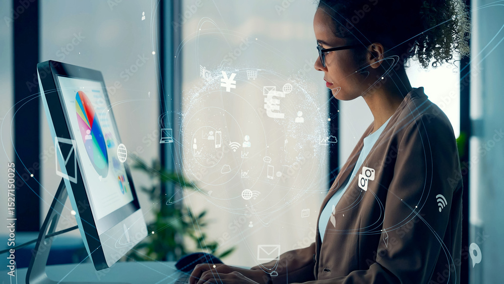 Poster concept visual of global network with black woman working in the office