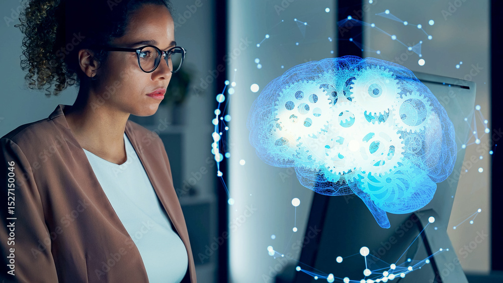 Aufkleber conceptual visual of a black woman working in an office and artificial intelligence