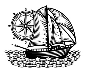 A black and white woodcut-style illustration of a large sailing ship navigating wavy waters, with a prominent compass rose in the background.
