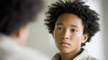 Obraz premium teenager standing in mirror contemplating their reflection surrounded by clean background