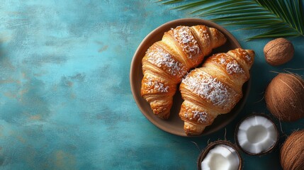 Obraz premium Two Coconut Croissants with Coconuts and Palm Frond