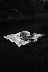 Woman lying peacefully on a traditional carpet spread over lush green grass, blending comfort,...