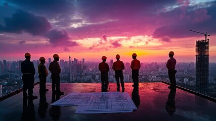Construction Workers Overlooking City at Sunset