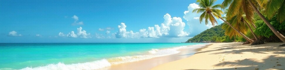 Fototapeta premium Golden sand, turquoise waves, clear sky, palm trees, sun, coast, tropical illustration