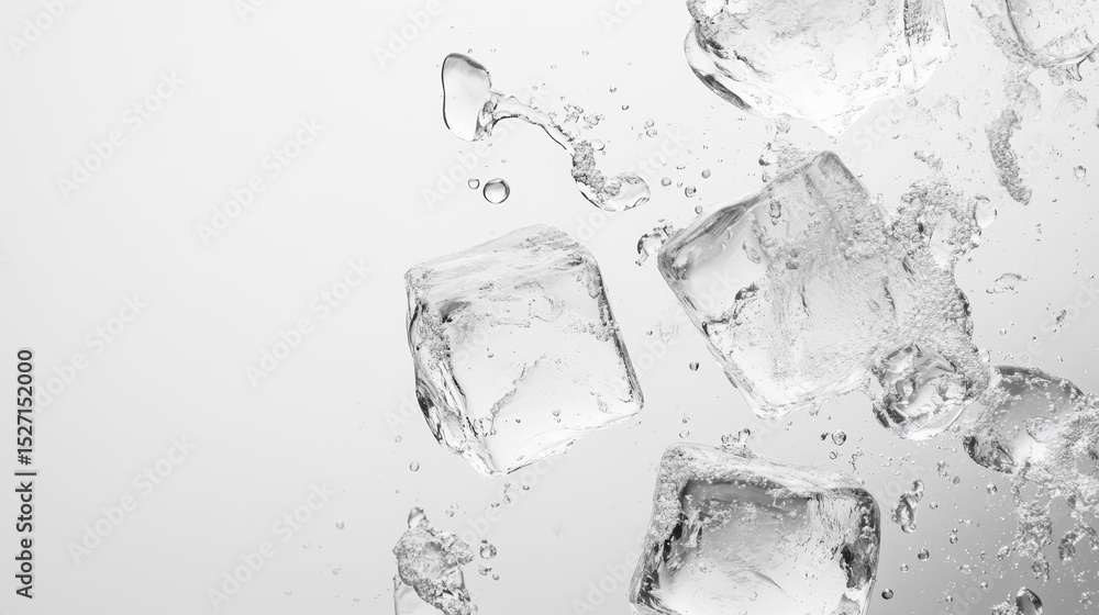 Poster close-up of several ice cubes falling and splashing into water against a light gray background.