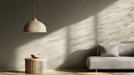 Woven pendant lamp illuminates a modern living room.