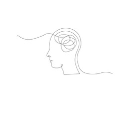 Continuous line drawing of a person with confused feelings about poor mental health. Concept of problems, failures and sadness. Vector illustration