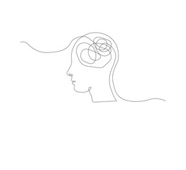 Continuous line drawing of a person with confused feelings about poor mental health. Concept of problems, failures and sadness. Vector illustration