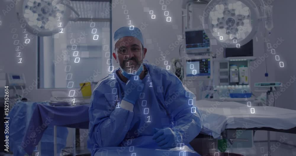 Aufkleber surgeon touching mask in operating suite and reacting to animated binary codes drifting overhead