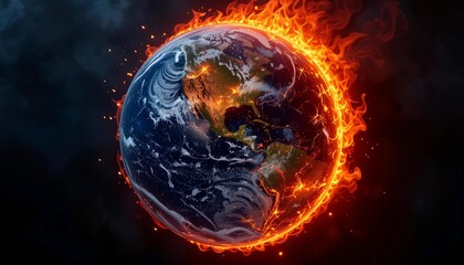 Obraz premium Earth burning with red and orange flames representing global warming and destruction