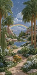Serene Oasis  Rainbow  Cactus  Palm Trees  and Flowers