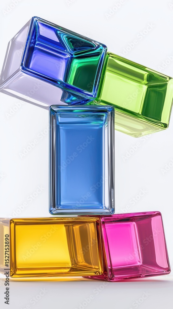Poster an abstract arrangement of vibrant transparent glass cubes in various colors creating a visually str