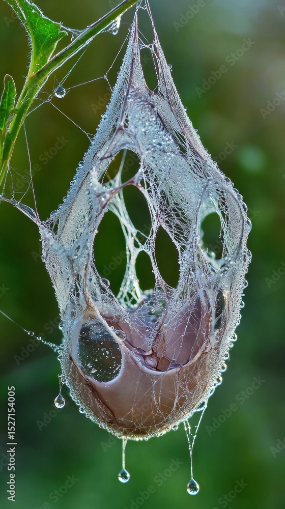 Poster delicate spider web glistening with tiny dew droplets creating a stunning natural display against a 
