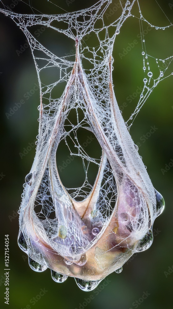 Poster a close up image of an intricate spider web shimmering with tiny water droplets in the early morning