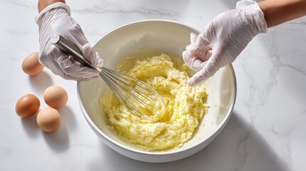 Overhead shot of a whisk stirring butter and sugar in a white bowl. A gloved hand, a white counter, and soft light create a clean, minimal baking moment. 