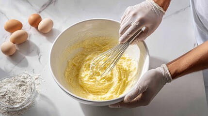 A gloved hand whisks melted butter and sugar in a white bowl. Natural light floods the clean kitchen. Only the man’s forearm and shirt are visible in this calm, focused shot.  