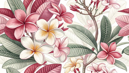 Seamless pattern illustration of frangipani flowers.