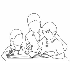 Line art illustration of a teacher or mom helping two students or children boy and girl read a book, magazine, educational scene, parent teaching, learning concept, for education content and design. 