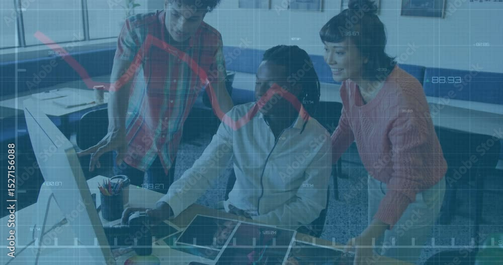 Poster team clicking mouse generating animated business graph pointing peaks dragging chart for analysis