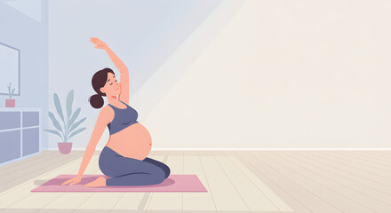 Peaceful yoga session at home. Clean composition with copy space for wellness ads or prenatal care campaigns.